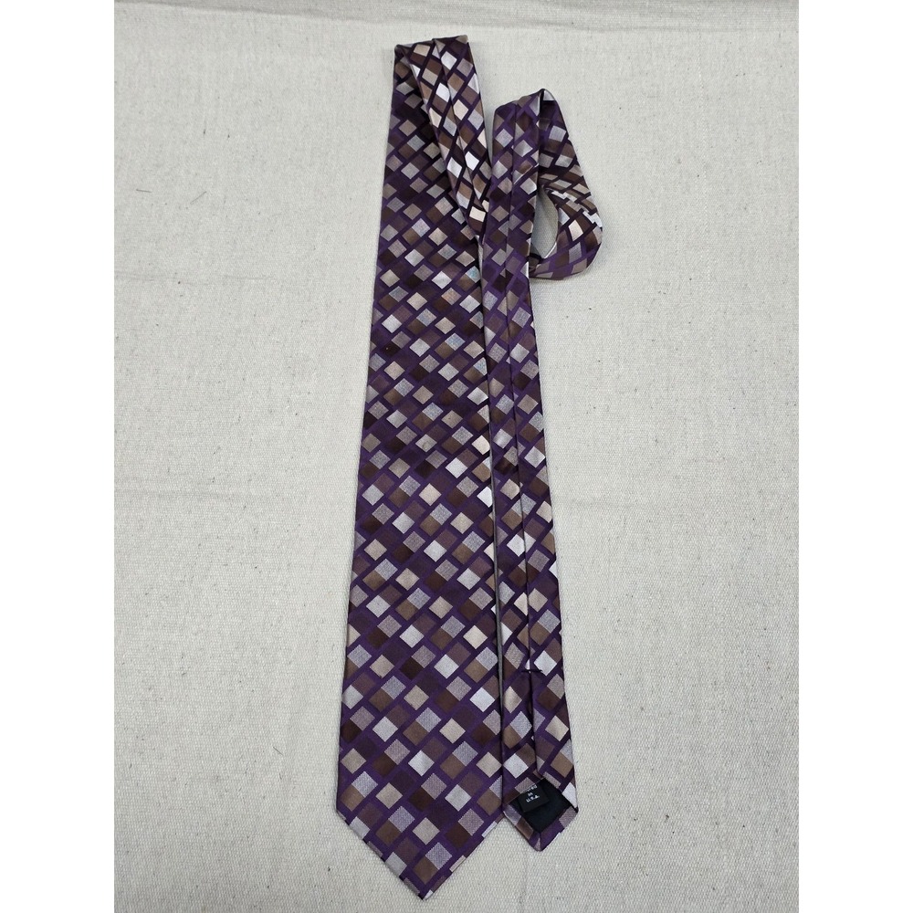 Murano Men Necktie Purple Brown Silver Geomtric Square Pattern Hand Tailored USA